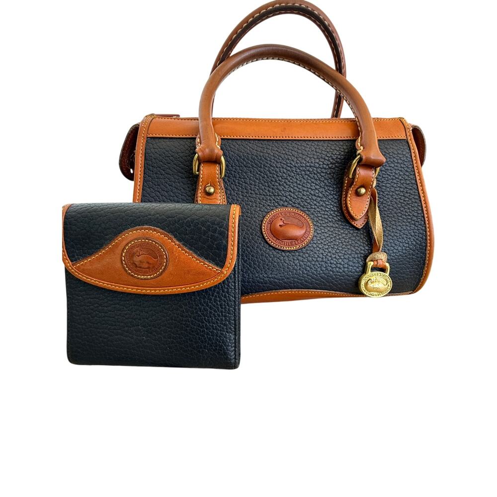 Vintage Dooney & Bourke Leather Made in USA Navy Tan Handbag + Matching Wallet